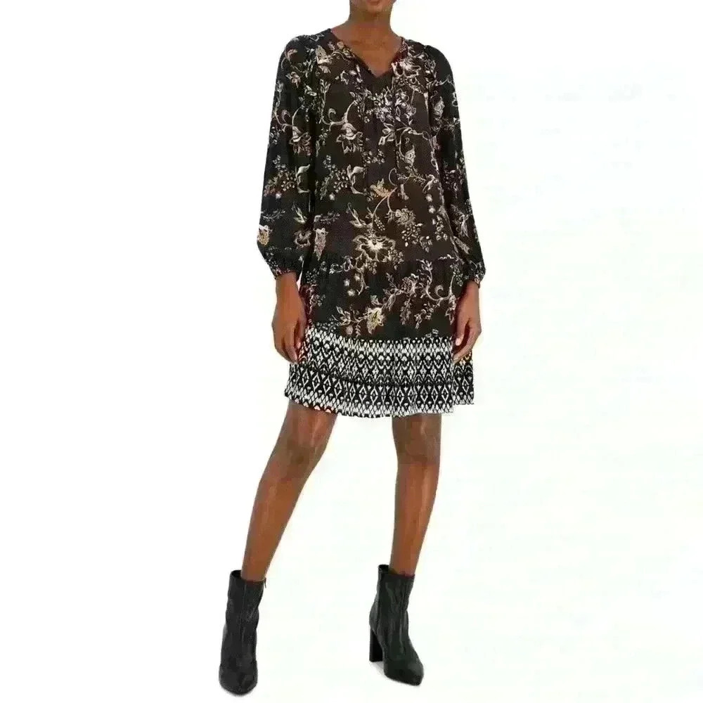 Style & Co Petite Gauze Tired Shift Dress Black Floral Size PXL NWT Bohemian